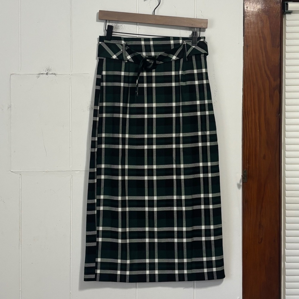 Zara TRF Green Plaid Midi Skirt High Waist Tie Belt Back Slit Size Small S